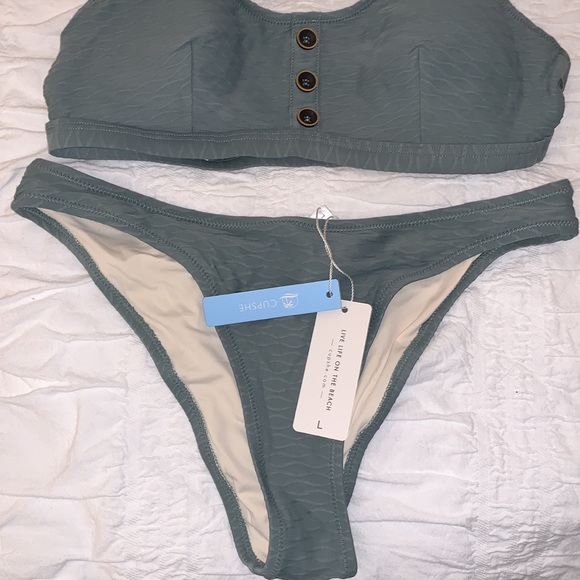 Army green step piece bathing suit with cut out back. - Picture 2 of 4